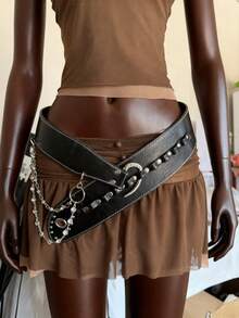 1pc Rhinestone Chain Combination Wide Waist Belt, Original Curved Hook BB Flashy Y2K Fashion PU Leather Wide Belt, Suitable For Music Festivals, Halloween, Christmas And All Holidays As Well As Daily Use - Multicolor - View 4