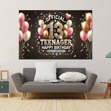 2D平面单件装亮面玫瑰金13岁生日横幅 - 耐用涤纶材质，可重复使用，青少年派对装饰，印有“Official Teenager”字样，包含气球和星星，适用于家庭、庭院、影棚道具和节日庆典，时尚气球布置，光滑表面，生日派对装饰