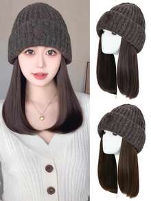 Synthetic Hat Wig Knitted Hat Wig, Hat Hair Extension Straight Hair Grey Hat Wig With Attached Synthetic Hairpiece For Women Girls Winter -Cold Brown Brown Black - Multicolor - View 1