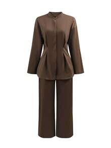 SMILE CHIC 棕色休闲褶皱开叉下摆收腰衬衫和裤子两件套，显瘦修身，适合约会和日常穿着，秋冬 - 棕色 - 查看 2