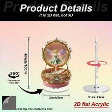 2D平面，1个优雅仙女音乐盒，带旋转底座 - 2D平面亚克力桌面摆件，金色饰面，柔和闪亮的旋律，精美的盒盖和仙女造型，适合家居/办公室展示、室内使用，营造梦幻夜晚氛围或作为实用装饰摆件，配有金色音乐盒和发光仙女，耐用的亚克力结构，适合各种房间