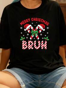 Frohe Weihnachten Bruh Zuckerstange Liebe Weihnachtslichter Männer Frauen T-Shirt Grafik T-Shirts Frauen Crop Tops Sommer Outfits für Frauen Sommer Tops T-Shirt - Schwarz - Übersicht 1