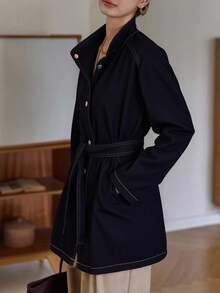 DAZY Women's Stand Collar Belted Loose Urban Casual Denim Jacket And Coat Fall/Winter - Dark Wash - View 5