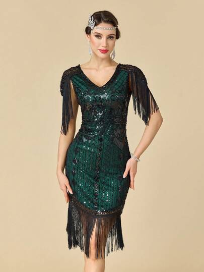 1920-talsklänningar från Great Gatsby för kvinnor, lång vintageklänning med fransar, paljettpärlklänning från 1920-talet