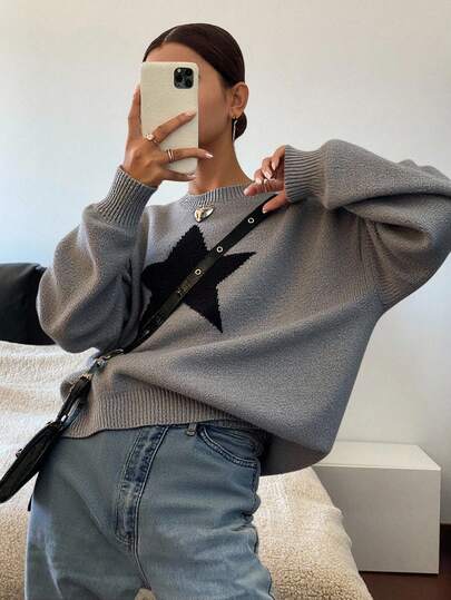 Livesso 星形图案落肩宽松毛衣，女士晚秋休闲长袖宽松灰色落肩套头衫，女式毛衣，长袖上衣