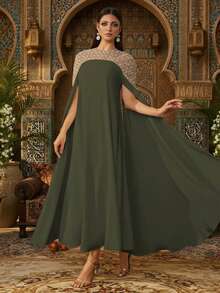 Váy Kaftan dài tay thanh lịch với họa tiết đính cườm nặng, váy Abaya dài sang trọng dành cho nữ, váy kín đáo, váy Ả Rập dành cho nữ - xanh quân đội - Xem 4