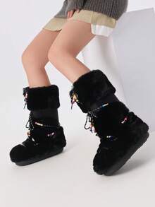 Knee High Boots For Women Mid-Calf Flat Fuzzy Boots Round Toe Slip On Boots Lace Up Bow Comfortable Boots Party Dressy Outdoor Fashionable Fashion Boots - 黑-A - 查看 5
