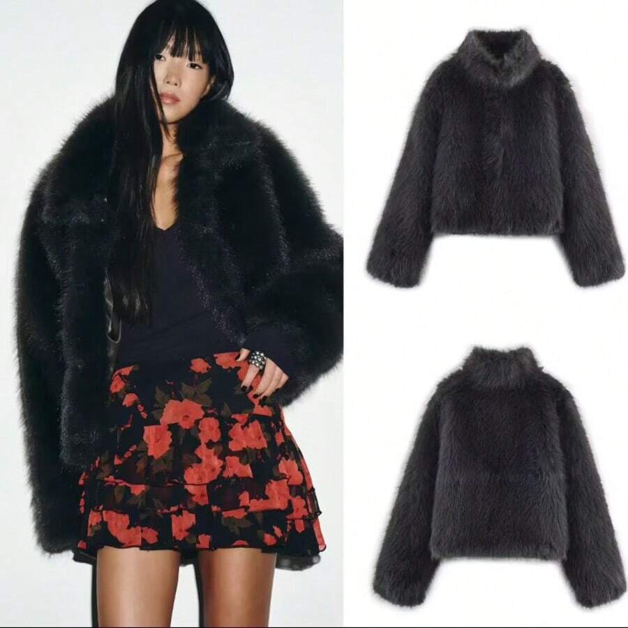 ZA 2025 冬季新款女士仿毛皮短外套 - 黑色 - 查看 1