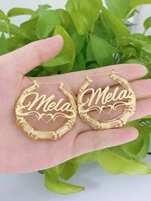 [ZzAi Custom]1 Set Double Layer 3D Necklace (Heart Shape Name Style) & Earrings Set, Stainless Steel Material, 18K Gold Plated, Comes With Exquisite Gift Box, Ideal Gift For Friends, Family, Valentine's Day And Mother's Day - Style 5-gold - View 2
