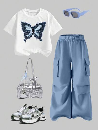 少女蝴蝶印花圆领短袖T恤搭配松紧腰工装裤休闲两件套