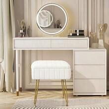 Vanity Stool Chair With Storage Faux Fur Makeup Chair For Vanity 15.7"L X 11.8"W X 19.4"H Soft Ottoman 4 Metal Legs With Anti-Slip Feet Modern Multifunctional Chairs For Bedroom White - White - View 2