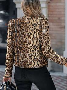 Leopard Print Sequin Fabric Front Open Long Sleeve Jacket Vacation - Coffee Brown - View 5