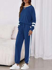 PRETTYGARDEN Women Fall 2 Piece Lounge Outfit Long Sleeve Tops High Waisted Jogger Pants Set Spring Travel Clothes Tracksuit New Years Valentine Vacation Outfit For Women - 深藍 - 查看 4