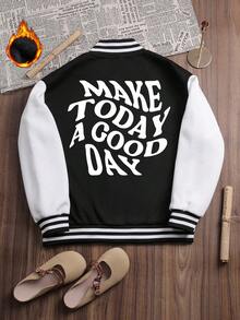 Es Trus Plus Autumn And Winter Women's Fun And Simple "Letter" Personalized Pattern Printed Street Fashion Jacket, Korean Hip-Hop Comfortable Retro Fashion Commuting Versatile Outdoor Clothing Long Sleeve Baseball Jacket, Regular Niche Punk Style Loose Fitting Plus Size Black And White Baseball Jacket - Black and White - View 6