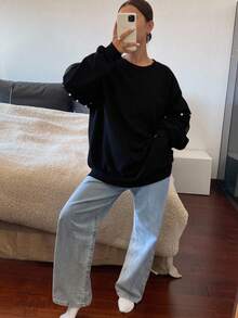 Women's Round Neck Pearl Button Decor Lantern Sleeve Loose Mesh Splice Sleeve Thickened Solid Color Sweatshirt, Halloween Costume Fall/Winter - Black - View 2