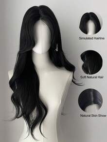 26英寸黑色卷发假发，女士长款波浪假发，角色扮演假发，日常佩戴合成假发（不含配饰） - 黑色 - 查看 6