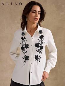 Aliao 优雅 3D 立体花卉刺绣长袖衬衫，宫廷风，情人节，纯色，全白，白色派对，婚礼季，复古奢华，返校季，女士音乐会服装，婚礼宾客，波西米亚风 - 白色 - 查看 5