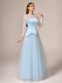 VIPGIRL Elegant Luxury Women's Formal Dress, Round Neck Lace Sleeves, Contrast Color Flared Mesh Dress, Valentine's Day Party - Baby Blue - View 1