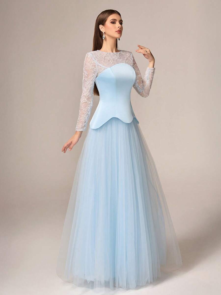 VIPGIRL Elegant Luxury Women's Formal Dress, Round Neck Lace Sleeves, Contrast Color Flared Mesh Dress, Valentine's Day Party - Baby Blue - View 1