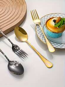 2/4/6/12件套不锈钢印花勺叉套装，适用于西餐、意面、沙拉、水果、蛋糕和甜点，适合家庭厨房、下午茶、婚礼派对、野餐等场合。 - 金色 - 查看 3