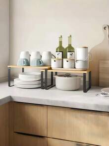 1个可堆叠橱柜收纳架，多功能木质桌面储物架，可扩展台面收纳架，厨房食品储藏架，橱柜上方浴室置物架，厨房台面及悬挂式收纳架，终极厨房收纳工具 - 节省空间的可扩展储物架，厨房收纳整理架，适用于厨房、卧室、餐厅和客厅 - 彩色 - 查看 3