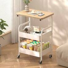Three-Layer Wheel-Handled Trolley, Multi-Functional Metal Storage Rack, Mobile Trolley, Sturdy Steel Frame Design, Suitable For Kitchen, Living Room And Office Storage, Snack Storage Rack - Kệ màu xanh lá cây với tấm ốp gỗ óc chó sáng màu - Xem 3