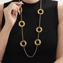 Autumn And Winter Versatile Stainless Steel Sweater Chain Large Circle Two-Tone Design European And American Simple Personality Long Non-Fading Sweater Coat Elegant Accessory - P932-鋼色項鍊81+5cm - 查看 1