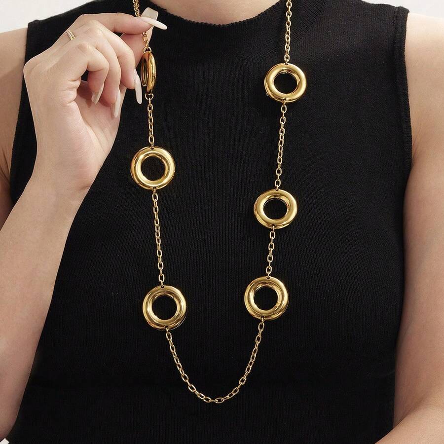 Autumn And Winter Versatile Stainless Steel Sweater Chain Large Circle Two-Tone Design European And American Simple Personality Long Non-Fading Sweater Coat Elegant Accessory - P932-鋼色項鍊81+5cm - 查看 1