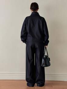 DAZY Bộ 2 món áo khoác nữ cổ tròn cạp chun và quần ống rộng dáng rộng, thường ngày - Màu xanh lam - Xem 3