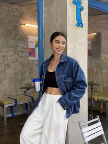 Livesso 女士宽松牛仔夹克和外套 - 藍色 - 查看 3