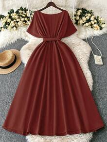 Plus Size Women Solid Color Wrap Waist Elegant Dress, Casual Daily Wear, Spring/Summer - Redwood - View 2