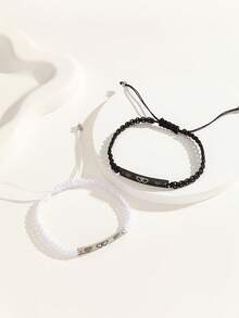 ATLVXJL 2pcs/Set Glow-In-The-Dark Couple/Friendship Stainless Steel Double Heart Pendant Adjustable Rope Bracelet Set, Suitable For Daily Wear And Valentine's Day Gift