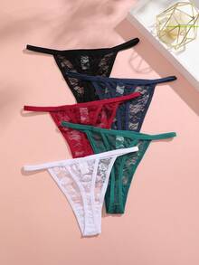 5 件女式低腰蕾丝丁字裤，性感纯色透视蕾丝内裤