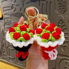 1个/2个手工钩编玫瑰花钥匙扣，DIY小饰品花束收纳架，创意生日礼物，仿真花包挂饰 - 彩色 - 查看 7