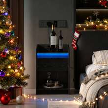 Hzuaneri Bedside Table With LED Light, Side Table With Charging Station, 1 Storage Drawer Bedside Table For Bedroom, Living Room, 2 USB Ports, 2 Sockets, Open Compartment - 黑色 - 查看 2