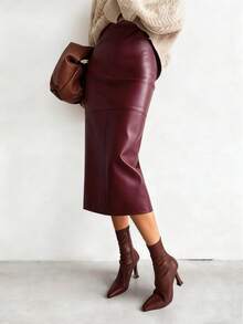 Women's PU Leather Skirt, Fashionable Commuter Zipper Slit French Elegant Fitted Maxi Skirt