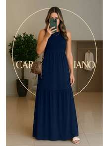 Women's Long Dress With Pleated Skirt, Summer And Winter 502 - Navy Blue - View 1