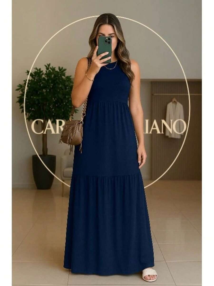 Women's Long Dress With Pleated Skirt, Summer And Winter 502 - Navy Blue - View 1
