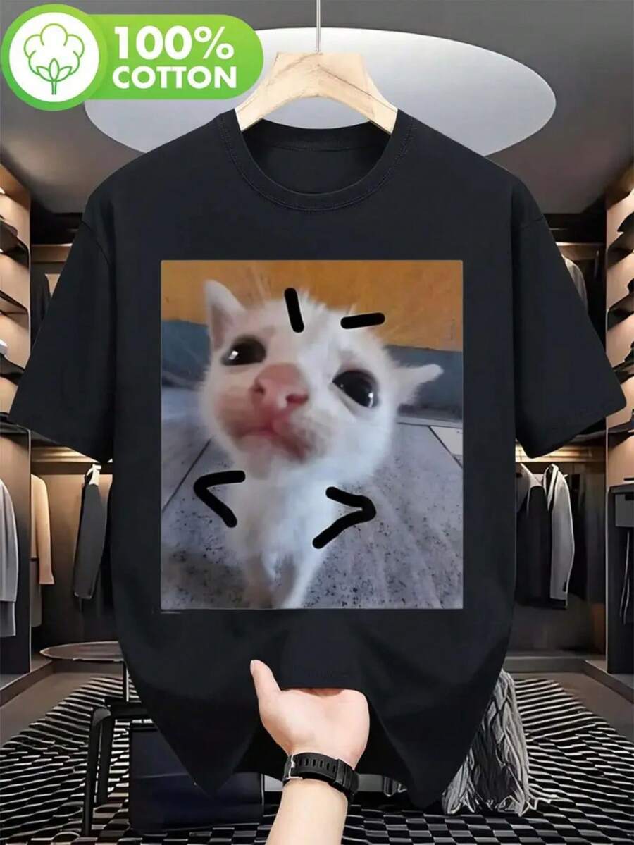 Angry Kitten Meme T-Shirt Unisex Men's Women's Blouse 100% Cotton Premium Top Streetwear New Release Immediate Shipping Various Colors!! Plus Size - 黑色 - 查看 1