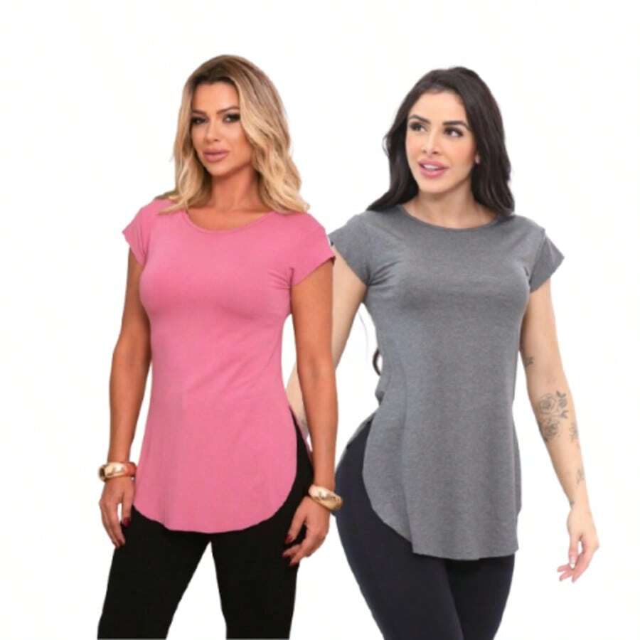 Kit Of 2 Women's Long-Sleeved Gym Tops With Butt-Covering Effect. - 桃紅葡萄酒/主打 - 查看 1
