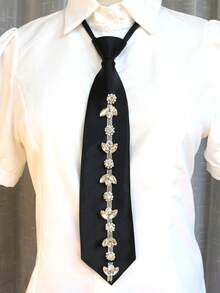 1pc Rhinestone Zipper Necktie, Suitable For Party, Casual, Daily, And Streetwear