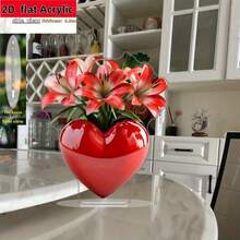 1个心形花瓶装饰 - 红色心形中心摆件，饰以花卉图案，亚克力桌面摆件，适用于家居、办公室、乡村风格 - 情人节、周年纪念日、婚礼、生日、乔迁之喜礼物 - 彩色 - 查看 3