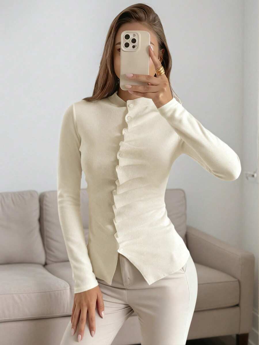 秋季女装新款秋冬白色立领单排扣长袖针织开衫女上衣，时尚温柔简约优雅修身适合日常通勤毛衣外套，女装时尚秋季万圣节校服街头时尚老款女教师装