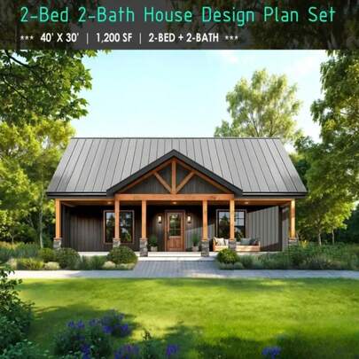 40'x30' Farmhouse Plan (Printed Plans) 2 Bed 2 Bath 1200 Sq Ft C2514 |   Small Cottage Cabin Guest House Blueprints