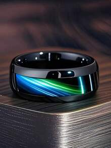 8mm Black Stainless Steel Ring With Inlaid Blue Tiger Eye Stone - Modern Fashion Design, Valentine's Gift, Engagement Ring, Wedding Band Or Casual Wear, Technically Inspired Design - Black - View 9