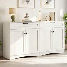 Meuble de Rangement 160x40x85 cm - Buffet de Salon avec 2 Tiroirs - Table d'Appoint au Design Courbé et Poignée Noire - 2 Grands Compartiments Fermés - 7 Espaces de Rangement au Total - Blanc - Voir 1