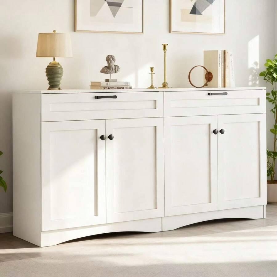 Meuble de Rangement 160x40x85 cm - Buffet de Salon avec 2 Tiroirs - Table d'Appoint au Design Courbé et Poignée Noire - 2 Grands Compartiments Fermés - 7 Espaces de Rangement au Total - Blanc - Voir 1