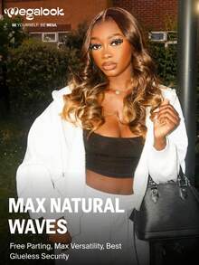 MEGALOOK 20英寸金色渐变挑染棕色发根自然波浪假发，100%真人发 - 预剪裁6x5蕾丝无胶假发，带抽绳帽，无需胶水即可佩戴，透明蕾丝假发，预先拔毛的自然发际线，挑染发色假发 - 彩色 - 查看 2