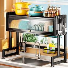 Over The Sink Dish Drying Rack - Dish Drainer With Hooks & Utensil Holder For Kitchen - Black - View 2