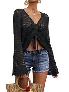 Women's Crochet Off Shoulder Crop Top Flowy Bell Sleeve Pullover With Sheer Detail Boho Ruched Fall Winter Christmas Holiday - 黑色 - 查看 2